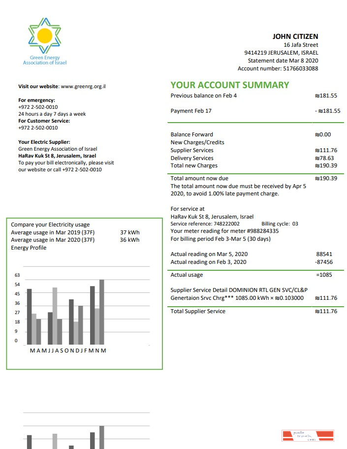 Israel Green Energy Association of Israel utility bill template in Word and PDF format (doc)